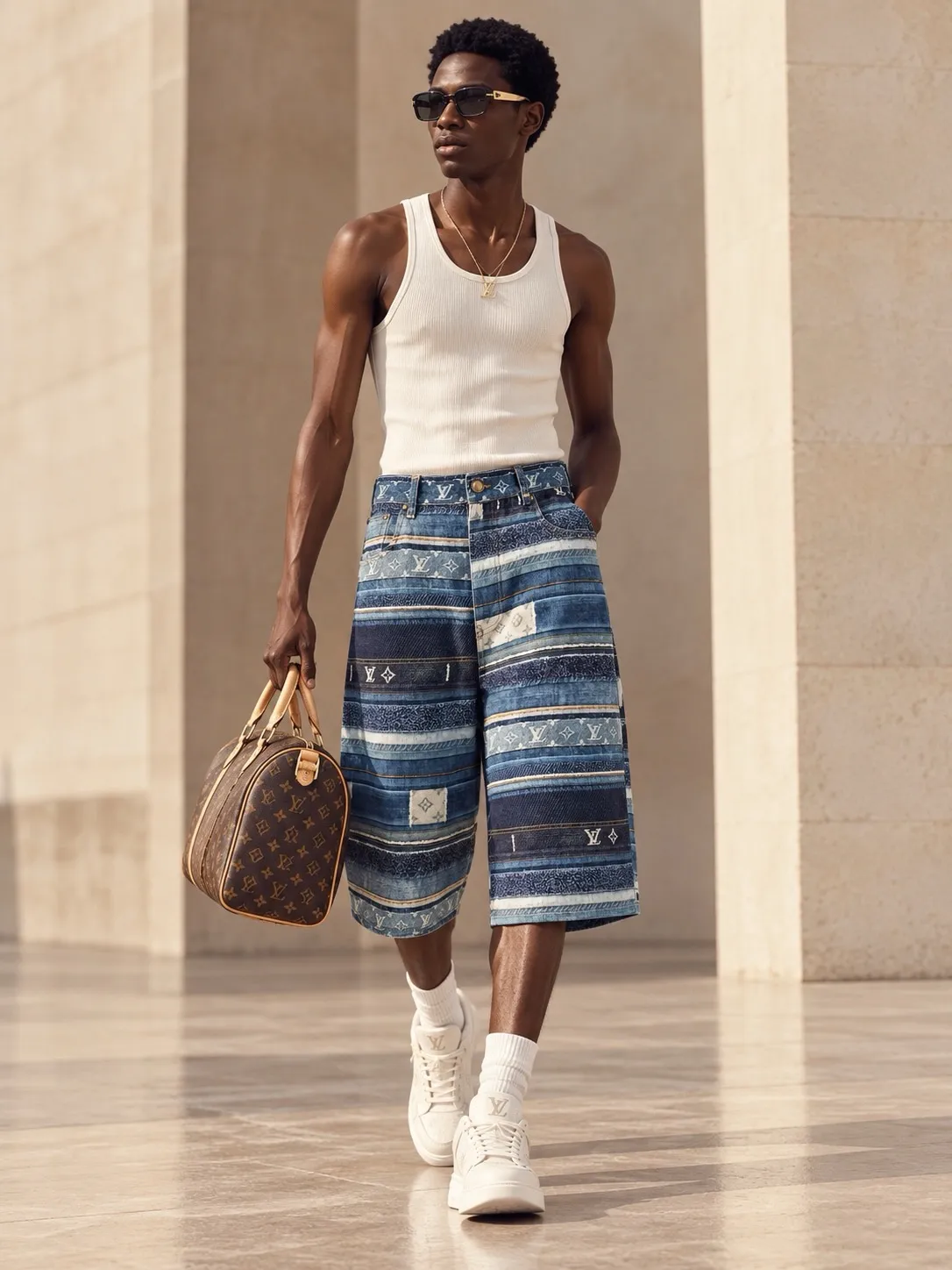 Louis Vuitton/Louis Vuitton presbyopic patchwork striped denim shorts